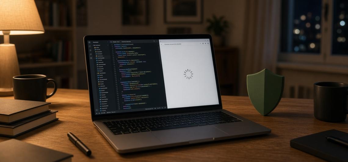 Laptop auf einem Schreibtisch, im Browser dreht ein Ladekreis, daneben steht ein Schutzschild